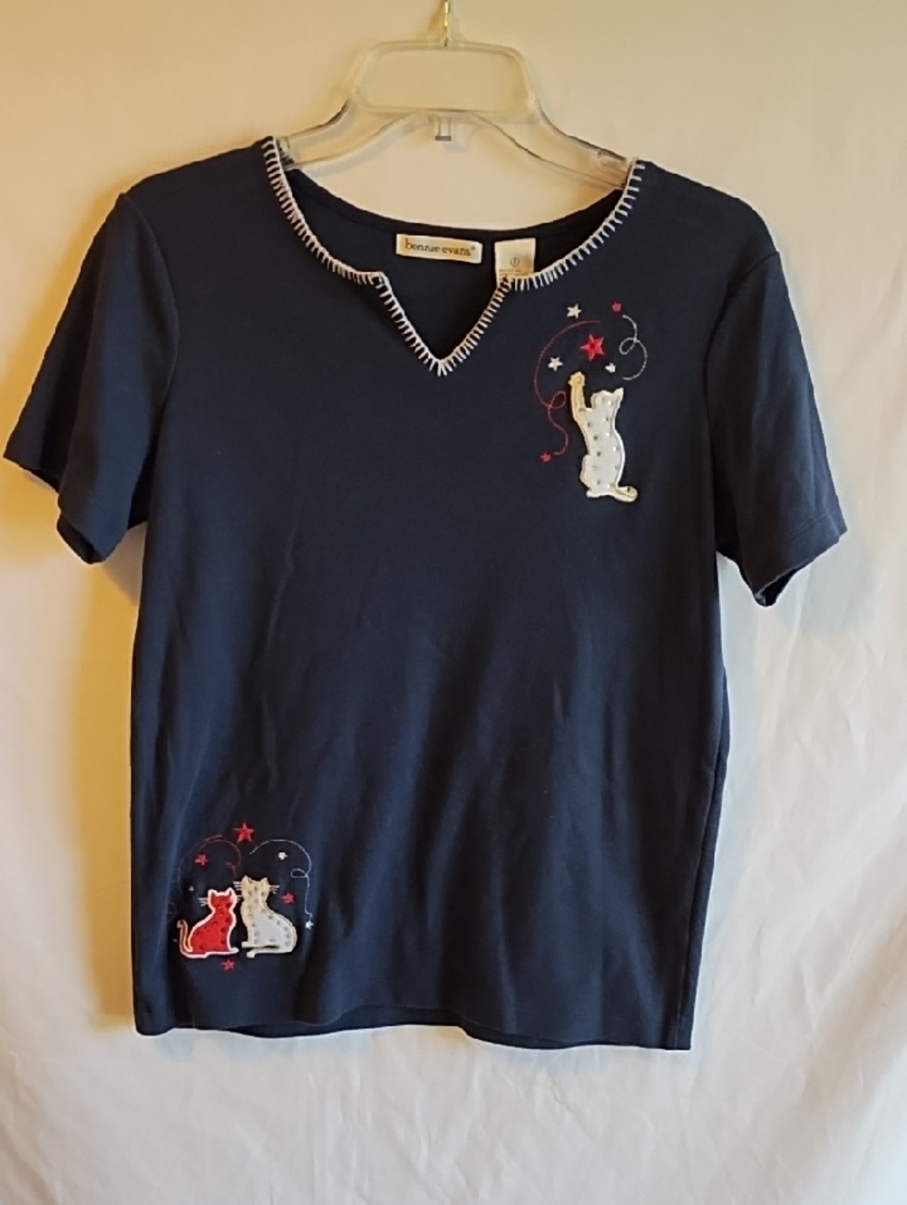 Bonnie Evan’s  Navy Short Sleeve Tee with Cat Appliqués